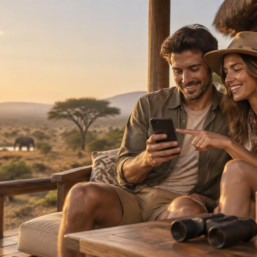 Couple booking a Knap Tours safari online from a lodge veranda in South Africa